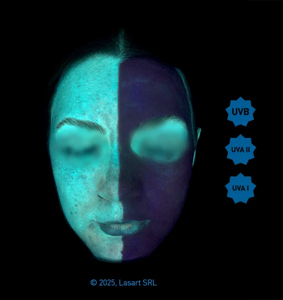 UV photo showing Melicor SPF 50 advanced sun protection against UVB and UVA