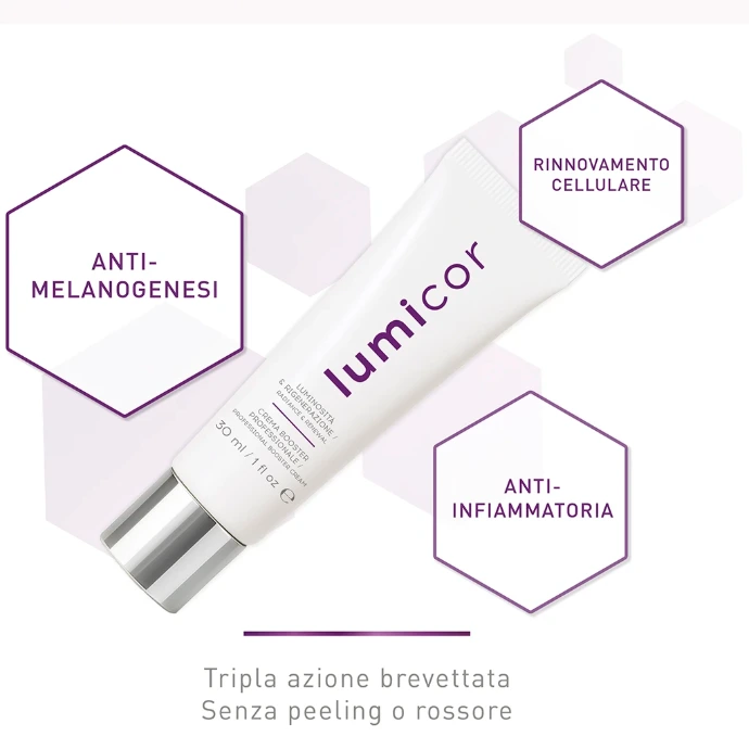 Crema Lumicor di Melicor con formula triple-action: oleyl adapalenate, cetyl tranexamate mesylate e tetraidrocurcumina Lumicor crema anti-iperpigmentazione con oleyl adapalenate e acido tranexamico Melicor