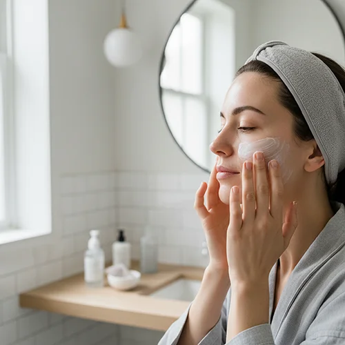 Anwendung einer beruhigenden Creme nach der Laserbehandlung, Erholungsphase nach dem Eingriff