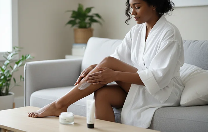 Applicazione crema lenitiva dopo epilazione laser Nd:YAG su pelle scura, cura post-procedurale