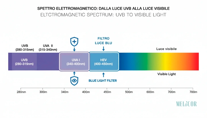 Spettro elettromagnetico con zone UVA1 e luce visibile HEV e filtri solari