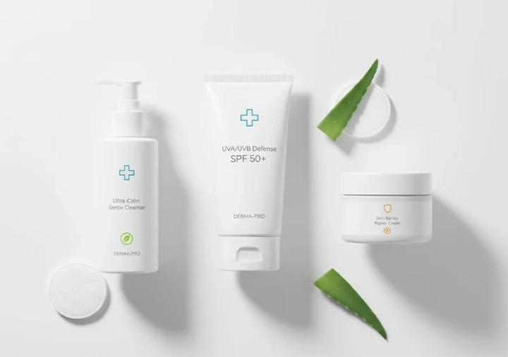 Post-laser routine products: gentle cleanser, repair cream, and SPF 50 sunscreen