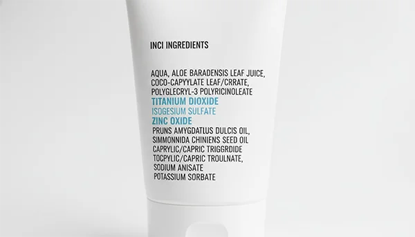 Etichetta INCI crema solare con Titanium Dioxide e Zinc Oxide in evidenza