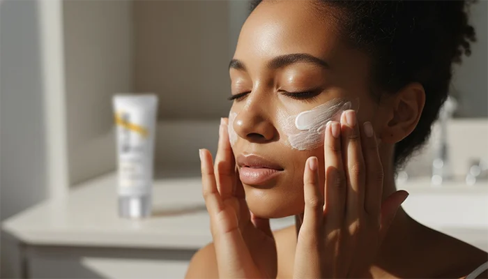 Applicazione crema solare SPF su fototipo scuro, protezione essenziale nel protocollo anti-melasma
